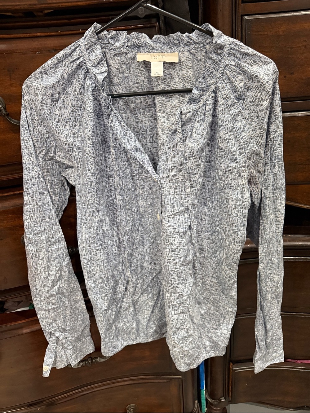 LOFT Light Blue Microprint Button-Down Ruffle Collar Blouse
